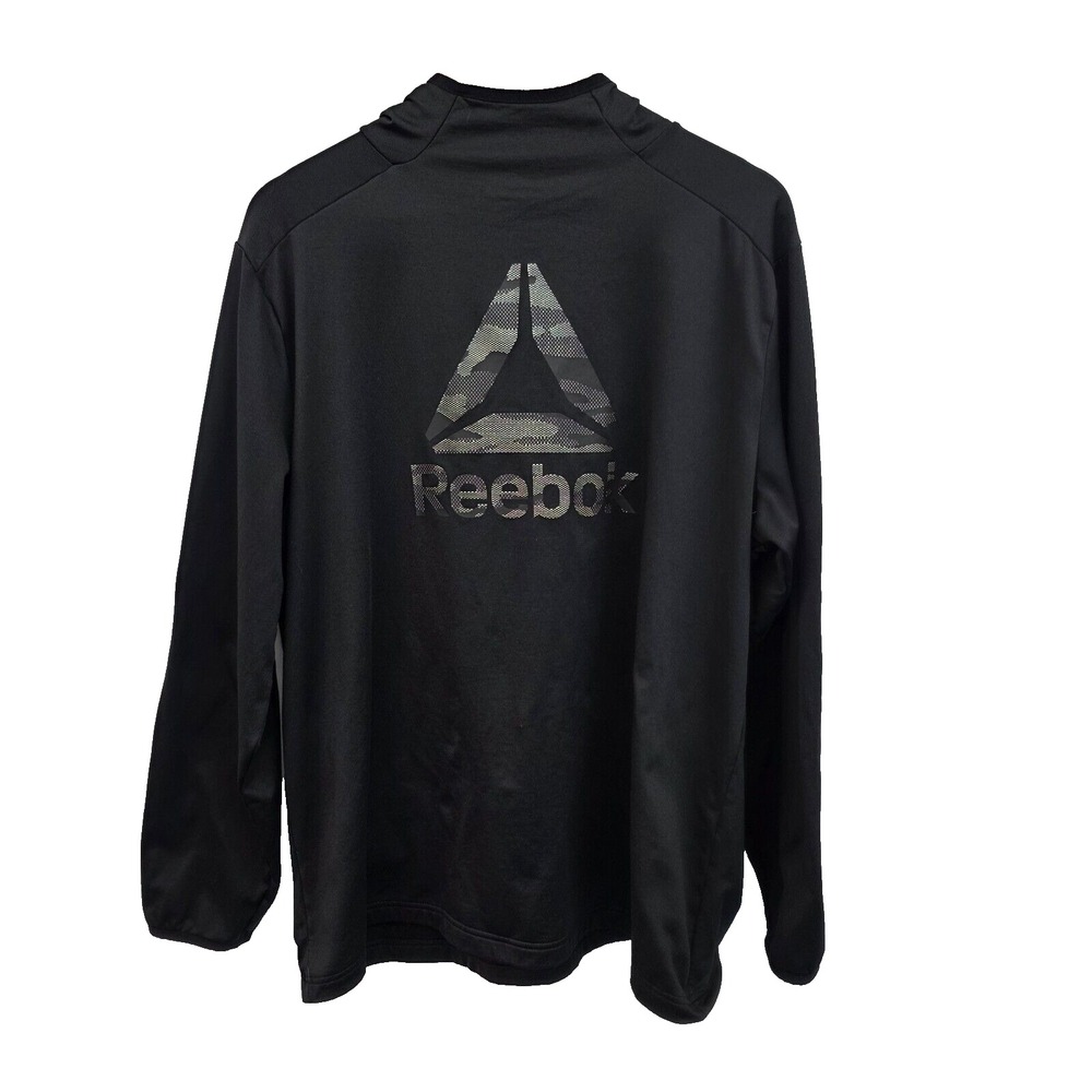 Reebok Mens L Black Performance Hoodie Camo Logo Lightweight Training Sweatshirt